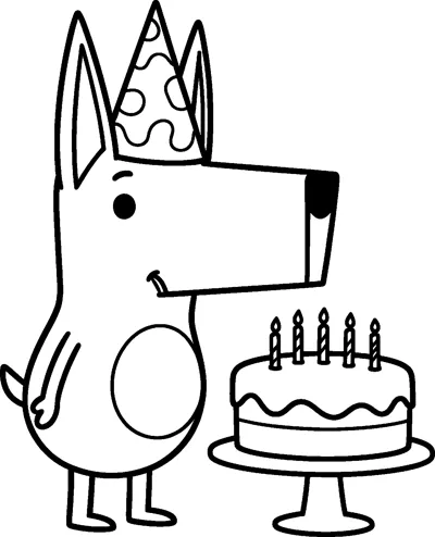 A line drawing of Bluey wearing a spotty party hat between her ears beside a birthday cake with five candles.