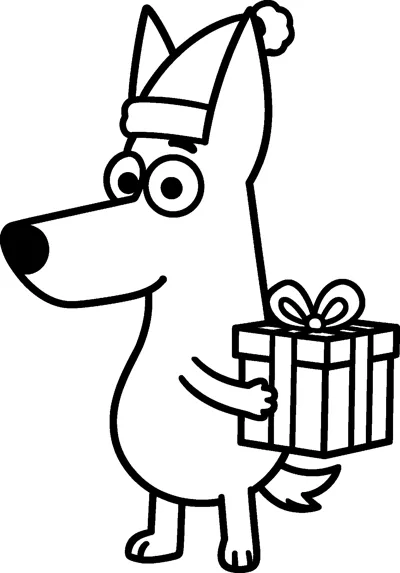 Bluey wears a Santa hat with a fluffy pompom and carries a wrapped present with a big bow under her arm.