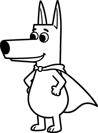 A line drawing of Bluey standing proudly with her hands on her hips, wearing a superhero cape tied around her neck.