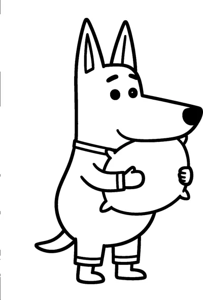 A line drawing of Bluey dressed in pyjamas and hugging a big soft pillow, looking sleepy and ready for bed.