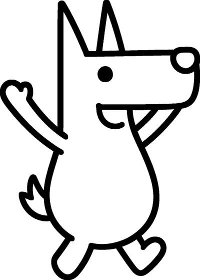 A bold outline drawing of Bluey leaping happily with both arms stretched up high and her tail swinging behind her.