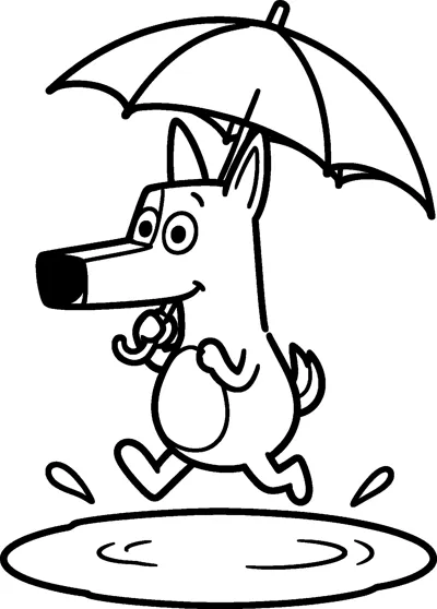 A drawing of Bluey running through a big puddle under an open umbrella with splashes flying up.