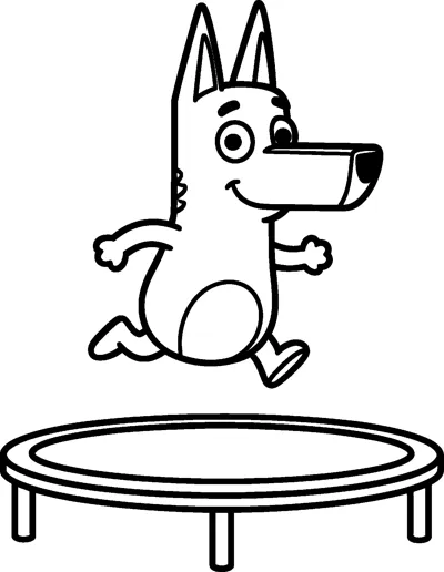 A line drawing of Bluey leaping high in the air above a round backyard trampoline, with her arms and legs spread out.