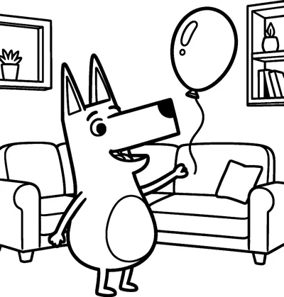 A line drawing of Bluey reaching for a floating balloon in a living room with a sofa, a picture frame and a bookshelf.