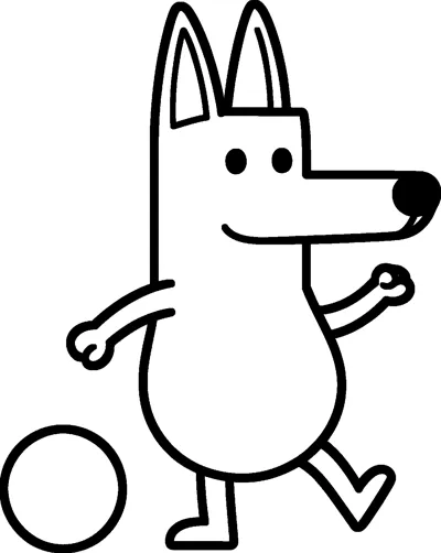 A line drawing of Bluey swinging one leg back to kick a big round ball, with her arms out for balance.