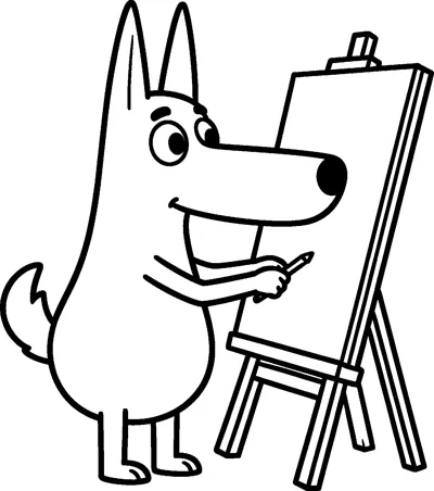 A line drawing of Bluey standing at a wooden easel and painting on a blank canvas with a small brush.