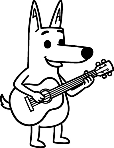 Bluey stands on two short legs and strums a small acoustic guitar, smiling with her tall pointed ears up and tail out.