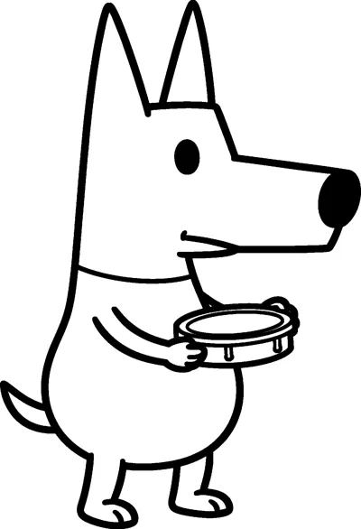 A drawing of Bluey standing in side view holding a small tambourine in both paws ready to shake it.