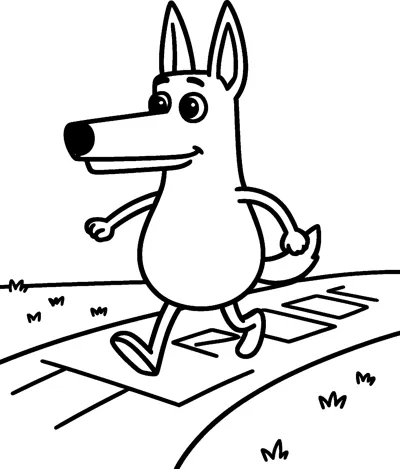 A line drawing of Bluey stepping across hopscotch squares drawn on a curving footpath, with tufts of grass beside it.
