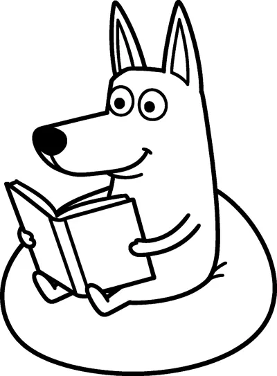 A line drawing of Bluey sitting on a big round beanbag, smiling as she holds open a picture book with both paws.