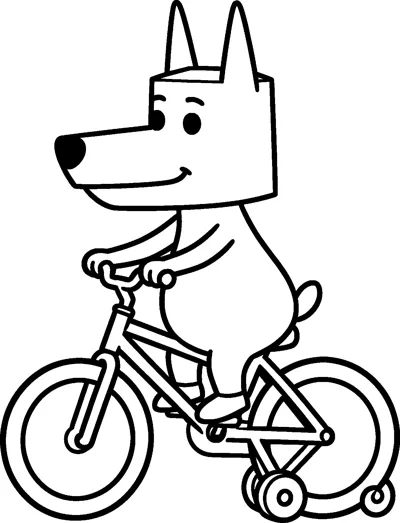 A line drawing of Bluey pedalling a small bicycle with training wheels, holding the handlebars and smiling as she rides.