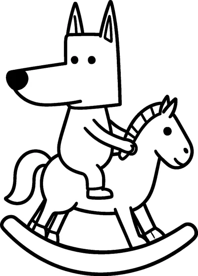 A drawing of Bluey sitting on a wooden rocking horse holding its mane with a happy smile.