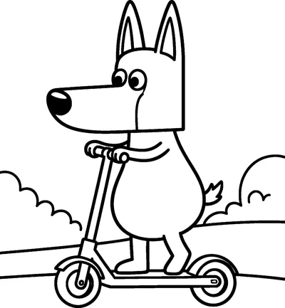 A line drawing of Bluey standing on a kick scooter and holding the handlebar as she rides along a path past bushes.