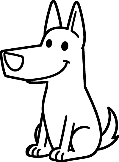 A simple drawing of Bluey the Blue Heeler puppy sitting down in side view with a big smile and tall pointed ears.