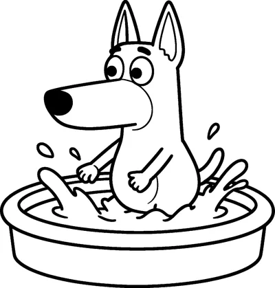 A line drawing of Bluey sitting in a round paddling pool with water splashing up around her and droplets flying.