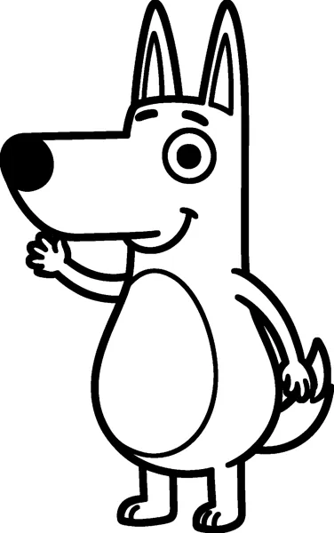 A simple line drawing of Bluey the Blue Heeler puppy standing on two short legs, smiling and waving one paw.
