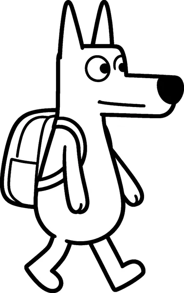 A drawing of Bluey striding along in side view wearing a school backpack with a front pocket and straps.