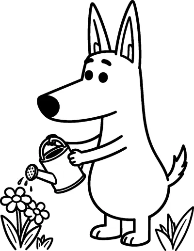 A drawing of Bluey tipping a watering can over a clump of daisies with drops falling from the spout.