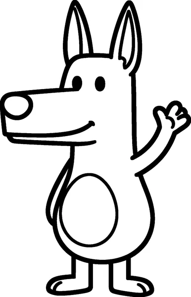 A drawing of Bluey standing in side view with one paw raised in a friendly wave and a round tummy patch.