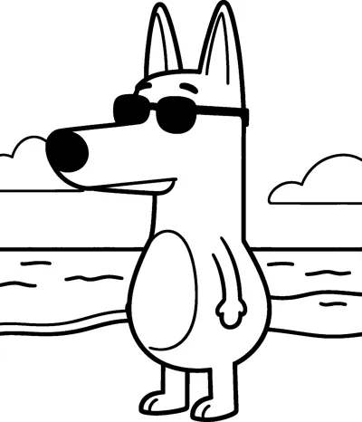 A drawing of Bluey standing on the sand in dark sunglasses with waves and fluffy clouds behind her.
