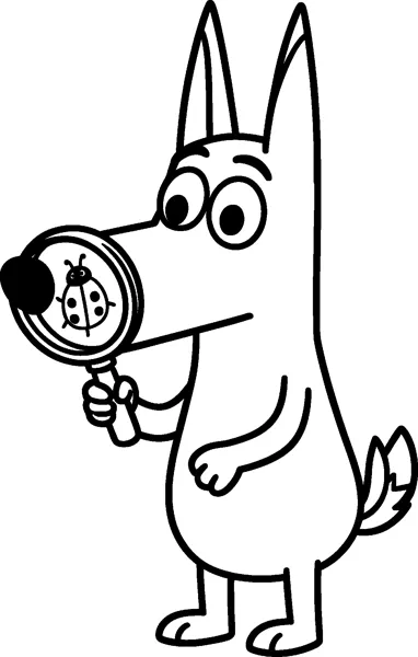A drawing of Bluey peering through a magnifying glass at a spotted ladybird seen large inside the lens.