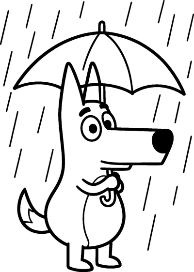 Bluey stands under a large open umbrella holding its curved handle while straight lines of rain fall all around her.