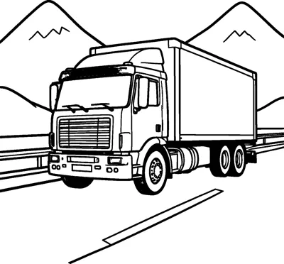 A large lorry with a long trailer drives along a highway with mountains and a guard rail behind it.