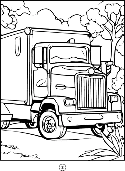 A large box truck with a tall grille is parked beside leafy trees and bushes.