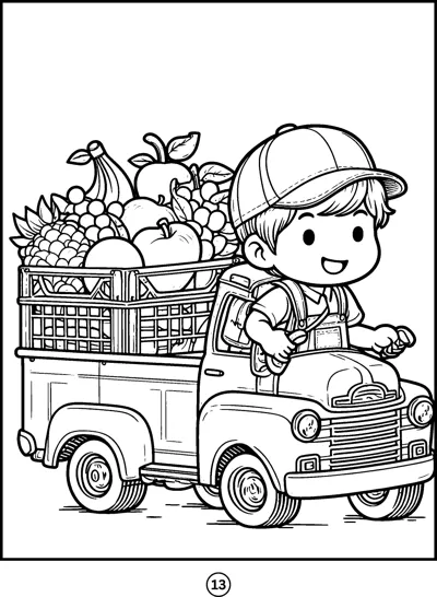 A boy in a cap leans on a pickup truck piled high with fruit and vegetables.