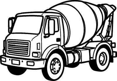 A cement mixer truck with a large tilted drum behind its cab, seen from the front corner.