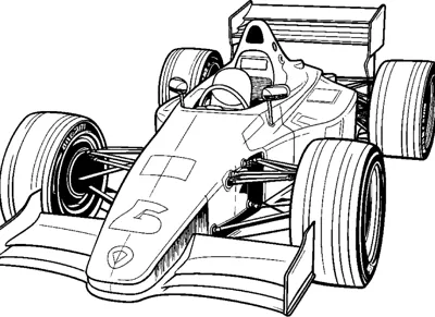 A classic open-wheel race car with the number five on its nose is drawn in fine sketch lines.