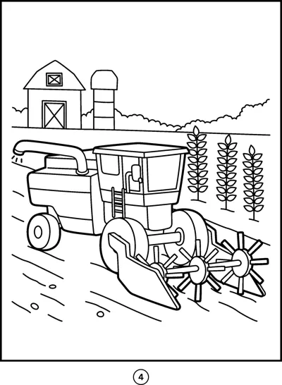 A combine harvester cuts wheat in a field with a barn and silo in the background.