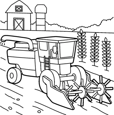 A combine harvester cuts wheat in a field with a barn and silo in the background.