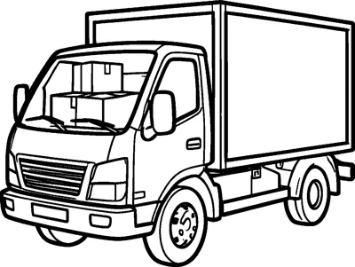 A box delivery truck with a tall cargo body and a stack of parcels visible behind the windscreen.
