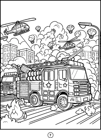A fire truck with a ladder drives through a city with smoke, flames and helicopters overhead.