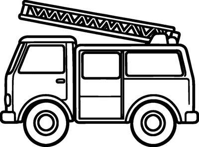 A side view of a fire truck with a long ladder angled up from its roof and two big wheels.