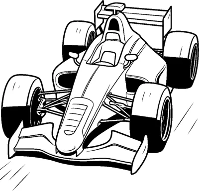 An open-wheel race car dives into a corner with its nose low and tires shaded dark.