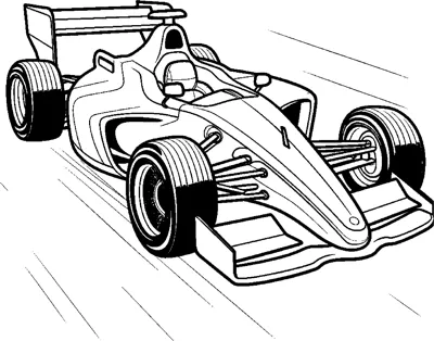 An open-wheel race car drifts across the page with speed streaks trailing behind it.