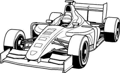 An open-wheel race car with a helmeted driver and flat front wing is drawn at a front angle.