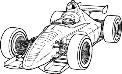 An open-wheel race car with grooved tires and a helmeted driver is drawn from the front right.