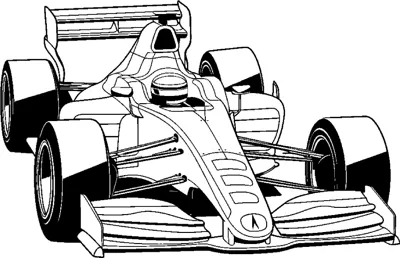 An open-wheel race car with layered wings and a helmeted driver is drawn at a front angle.