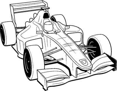 An open-wheel race car with wide front and rear wings and a driver is drawn at a front angle.