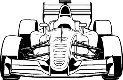 A front view of an open-wheel race car with bold black shadows and a wide front wing.