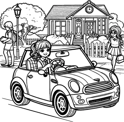 A girl drives a small rounded car past a house, a streetlamp and people walking by.