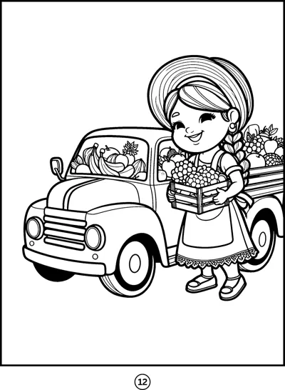 A smiling girl in a dress holds a crate of fruit beside a pickup truck full of produce.