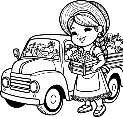 A smiling girl in a dress holds a crate of fruit beside a pickup truck full of produce.