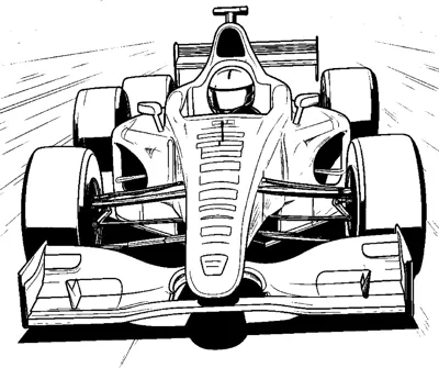 A head-on open-wheel race car speeds down the track with speed lines on both sides.