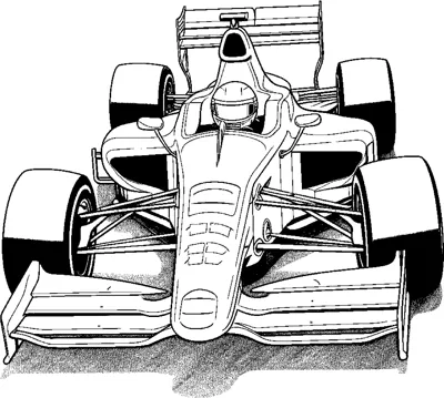 A head-on view of an open-wheel race car with black tires on a shaded track surface.