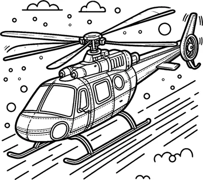 A helicopter with spinning rotors flies through clouds with speed lines behind it.