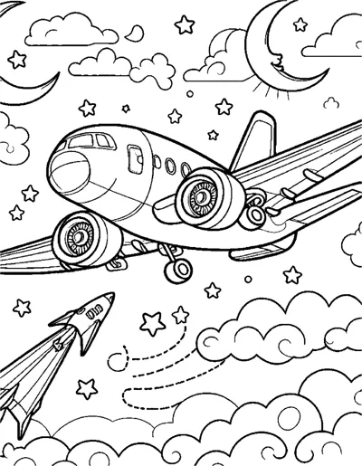 A jet airliner flies among clouds, stars and crescent moons with a paper plane below it.